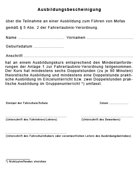 Ausbildungsbescheinigung für Mofas